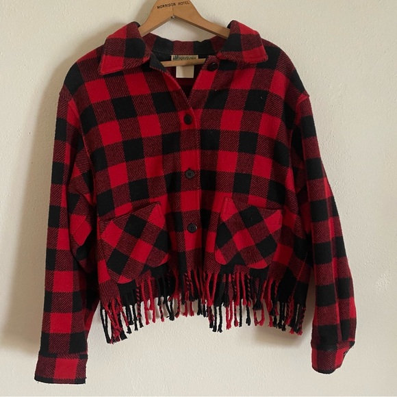 Vintage 80s Sportable Red and Black Plaid Wool Fringe Small/Medium Jacket - Picture 1 of 4